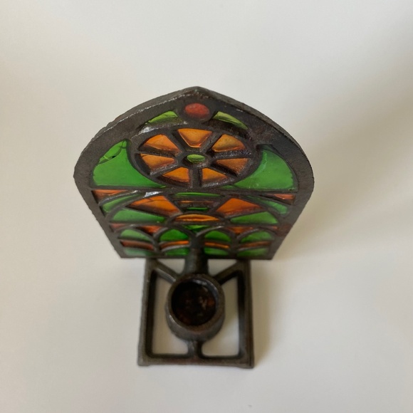 Vintage Cast Iron Stained Glass Mosaic Gothic Window Shaped Taper Candleholder - Picture 5 of 8